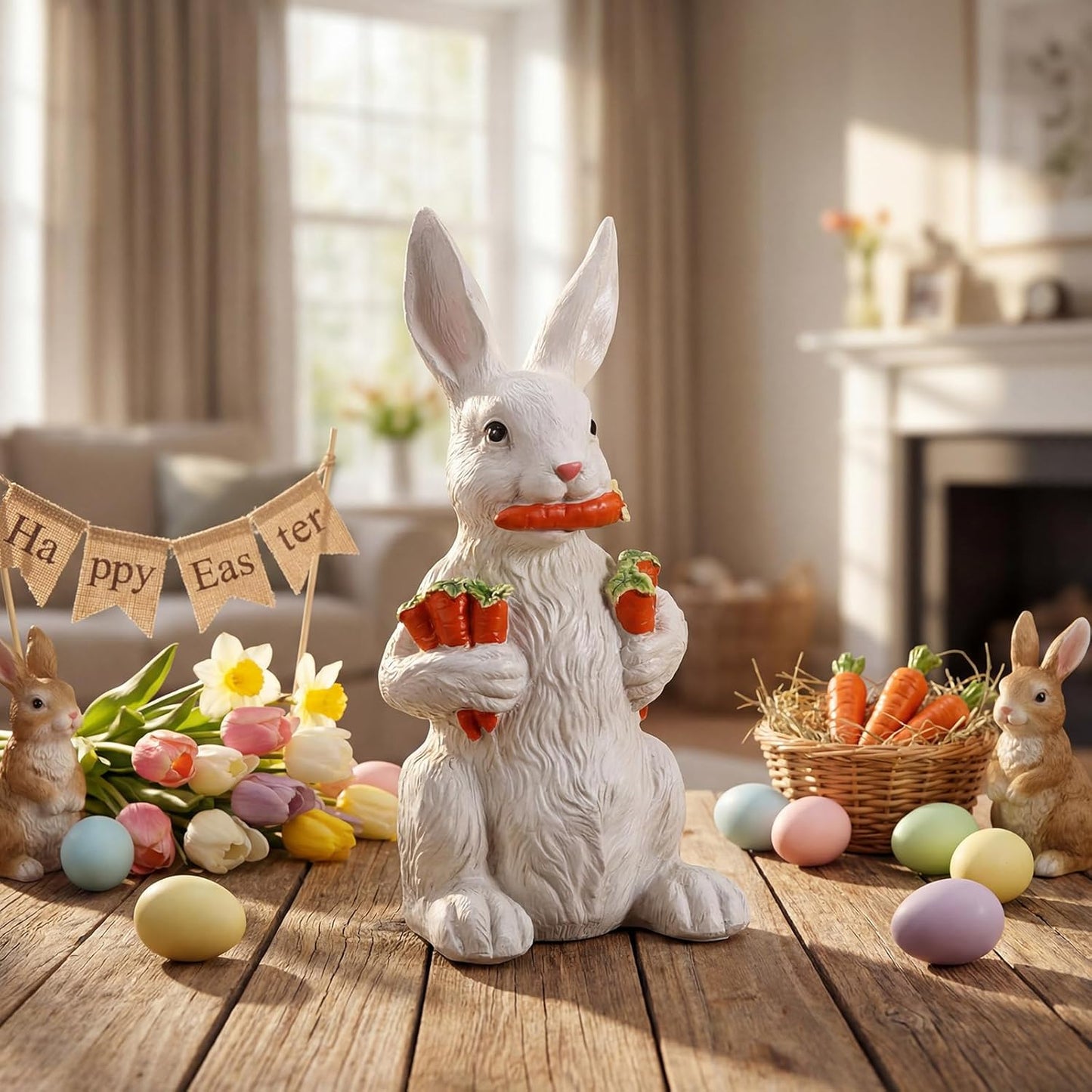 Yookeer Bunny Sculpture - 13 Inch Spring Resin Rabbit Figurine with Carrot | Easter Home Decor