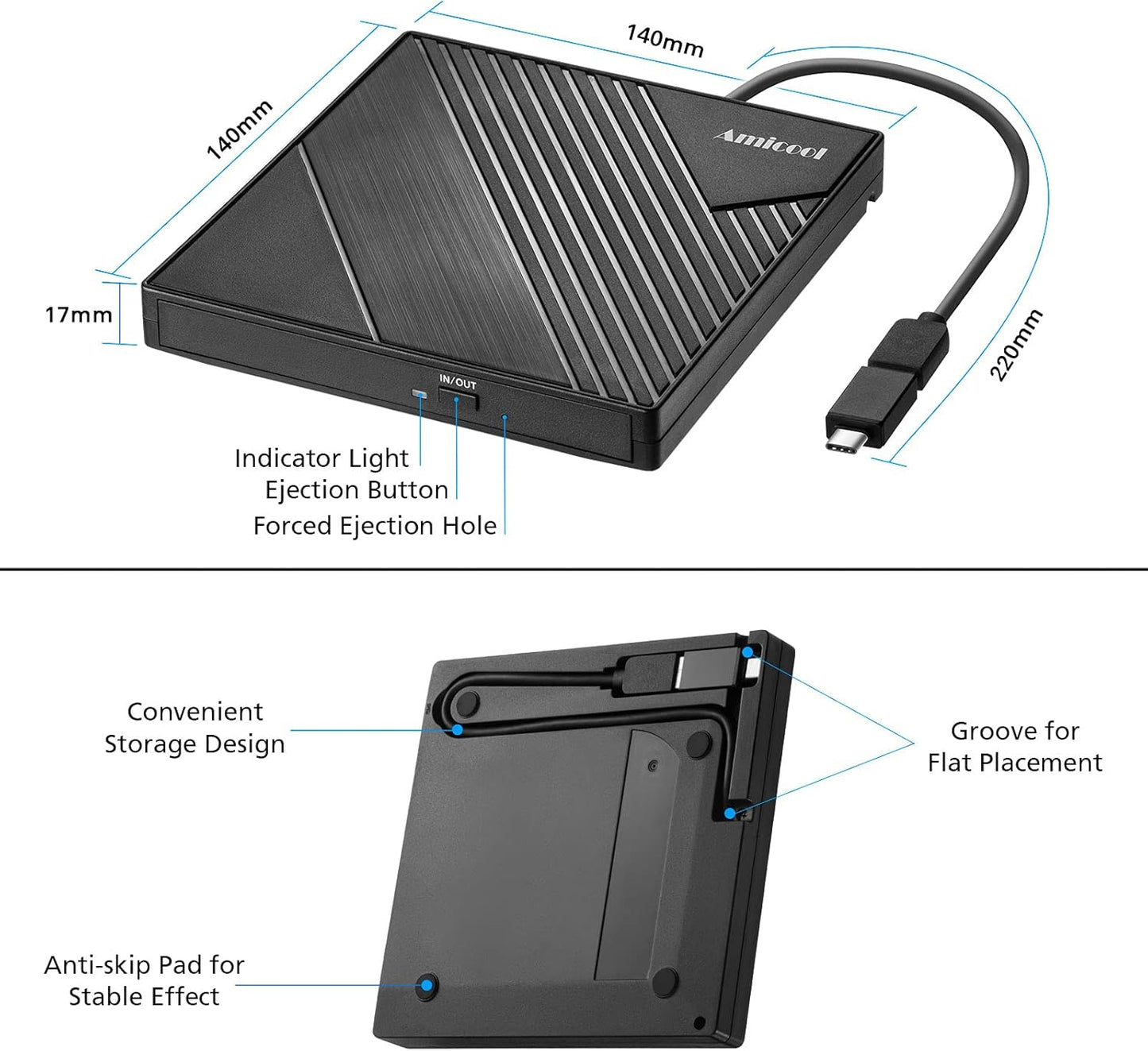 Amicool 3.0 11/10/8/7 External DVD Drive USB USB C CD Burner CD/DVD +/-RW Optical Drive, Slim Portable DVD CD ROM