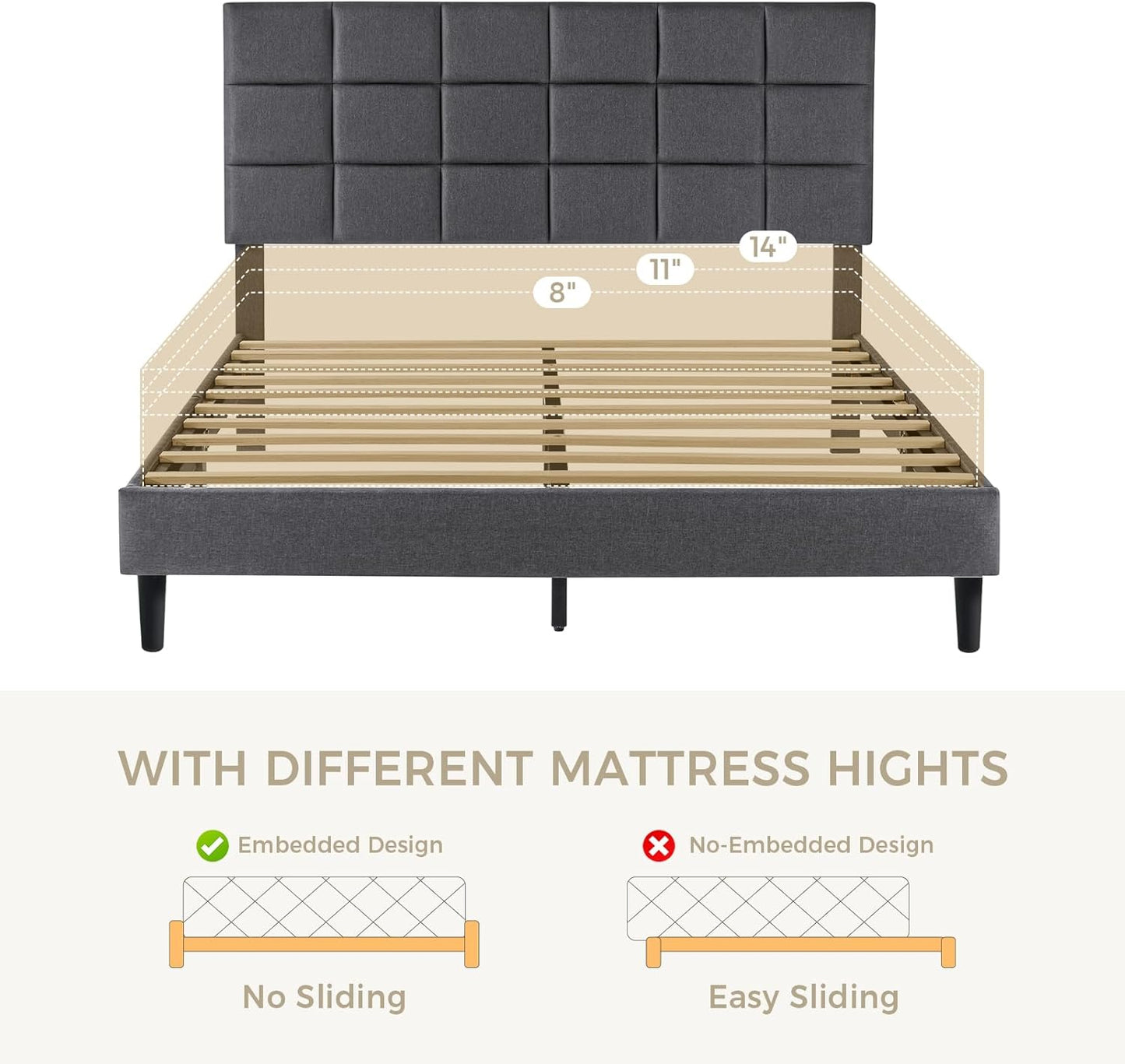 Susalt Full Size Platform Bed Frame - Upholstered Headboard, Linen Fabric, No Box Spring Needed, 800LBS Capacity, Grey