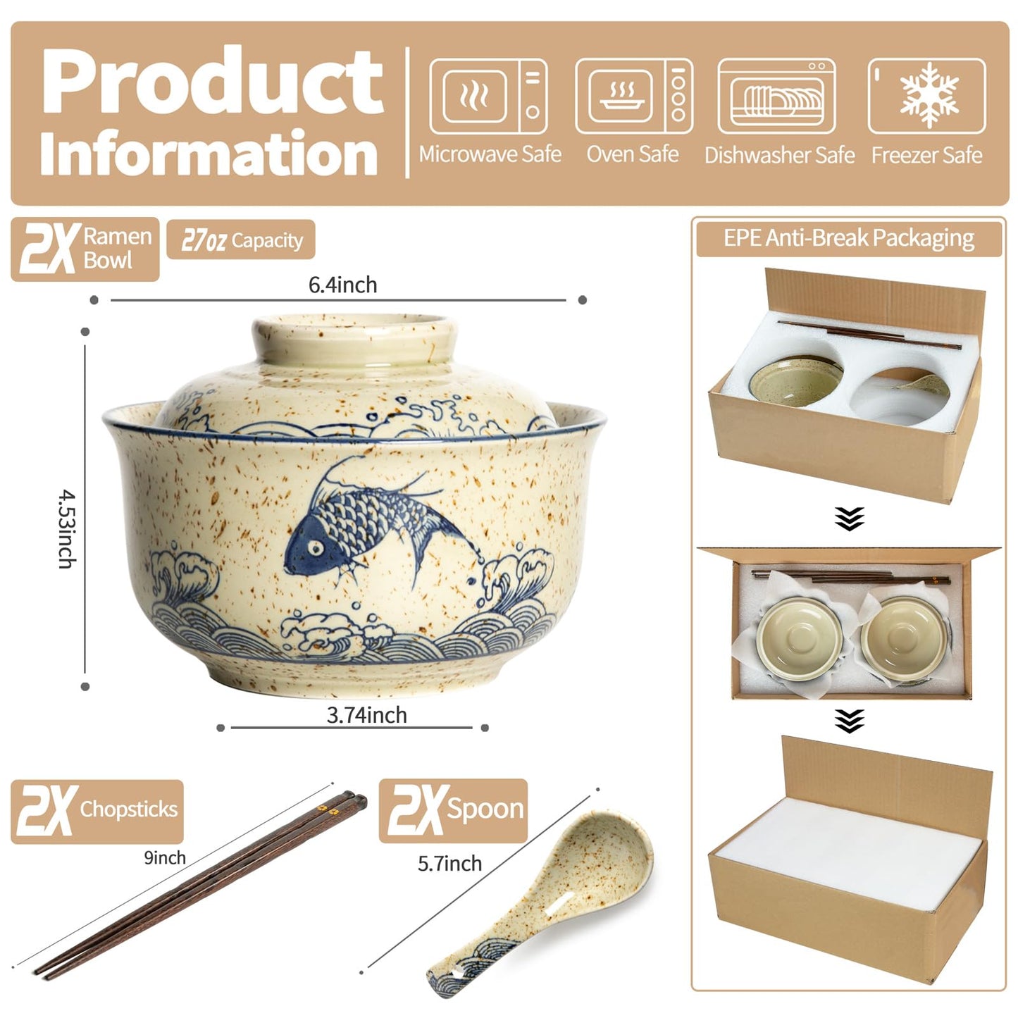 Niturceal Ceramic Ramen Bowl Set of 2, Ramen Noodle Bowl with Lid 27oz Japanese Retro Style Soup, Pho, Udon Bowls, Matching Spoons and Chopsticks for Microwave & Dishwasher Safe, Fish