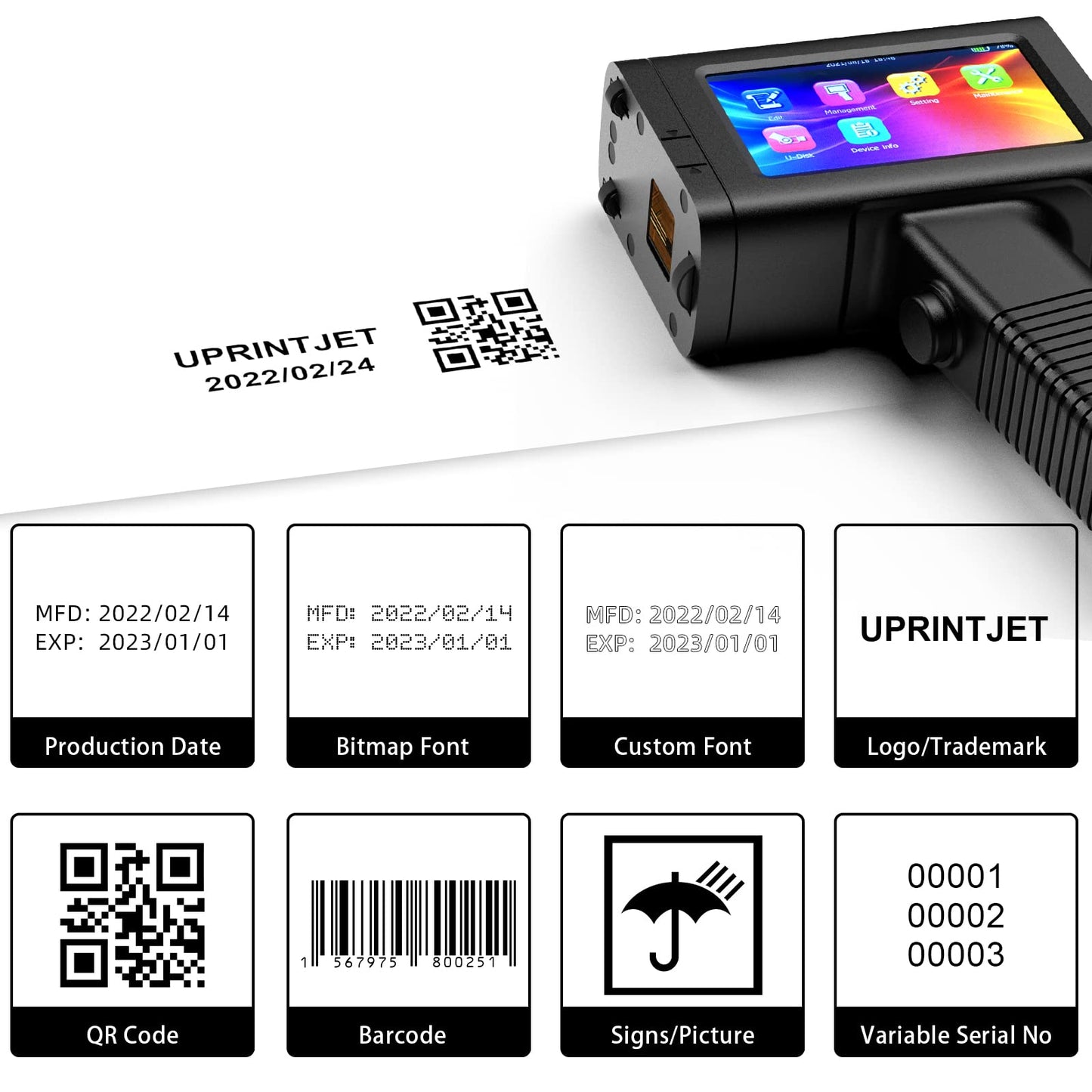 UPRINTJET Handheld Inkjet Printer BT-HH6105B2 with Photoelectric Sensor Inkjet Coder Quick-Drying Ink for Barcode QRcode Batch Number Logo Date Printing Machine Handheld Printer for Any Surface