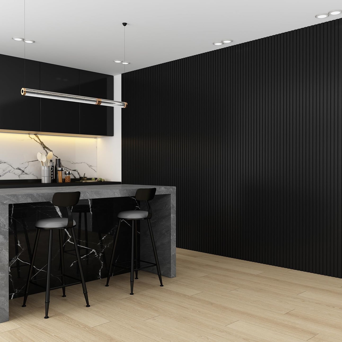 VESLARA 8-Pack WPC Wall Panels 118’’ x 6.3’’ 3D Slat Wall Panel Acoustic Wall Paneling for Interior Wall Decor TV Background Kitchen Bedroom Black