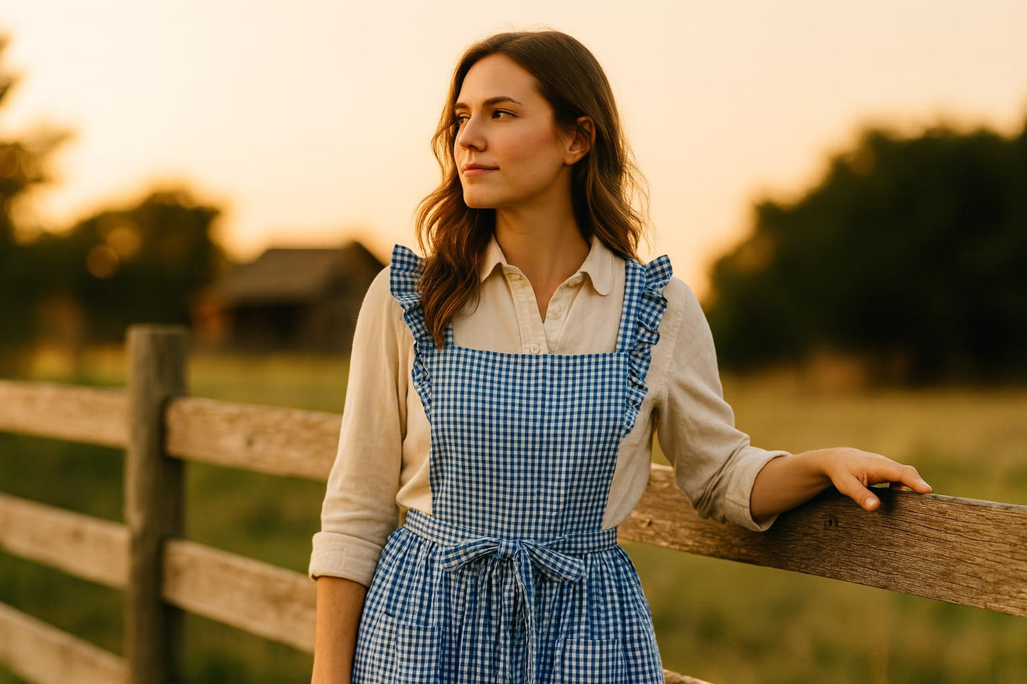 SeedBySea Vintage Gingham Apron for Women, Ruffle Straps, 2 Pockets, Cross Back, Soft Cotton, Apron Dress Style for Cooking & Baking