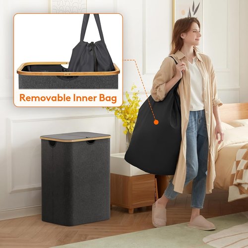 Lifewit 150L Laundry Basket - Foldable Hamper with Lid & Bamboo Handles | Dark Gray, 2 Removable Bags
