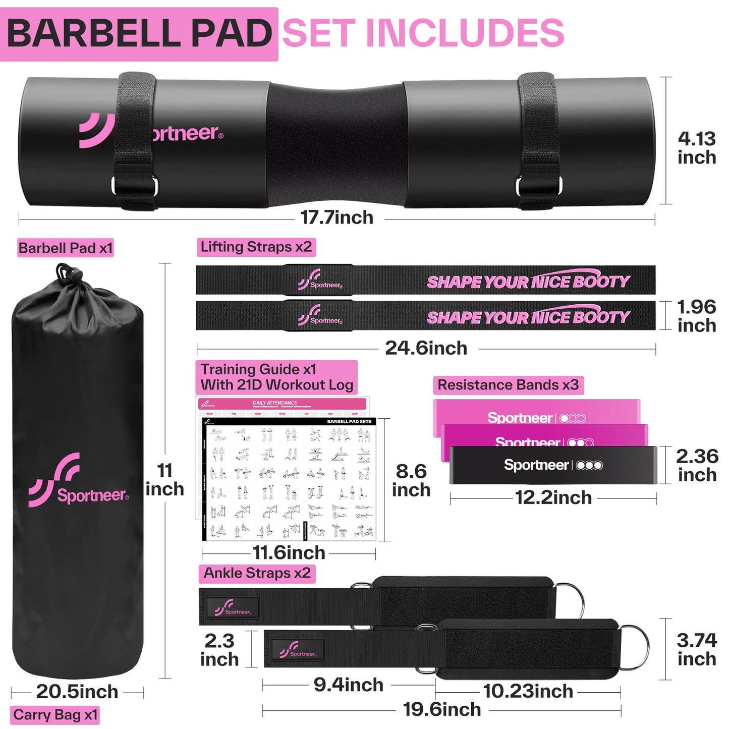 Sportneer Barbell Pad Set: 10 Pcs Squat Pad for Hip Thrusts, Lunges, Leg Day, Standard Olympic Bars with 2 Ankle Straps, 2 Lifting Straps, 3 Resistance Bands, Barbell Pad, Workout Poster and Carry Bag