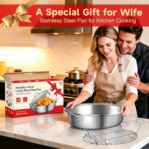 GRILL BUMP Roasting Pan - 21x13 Inch Stainless Steel Turkey & Chicken Roaster with Rack and Lid