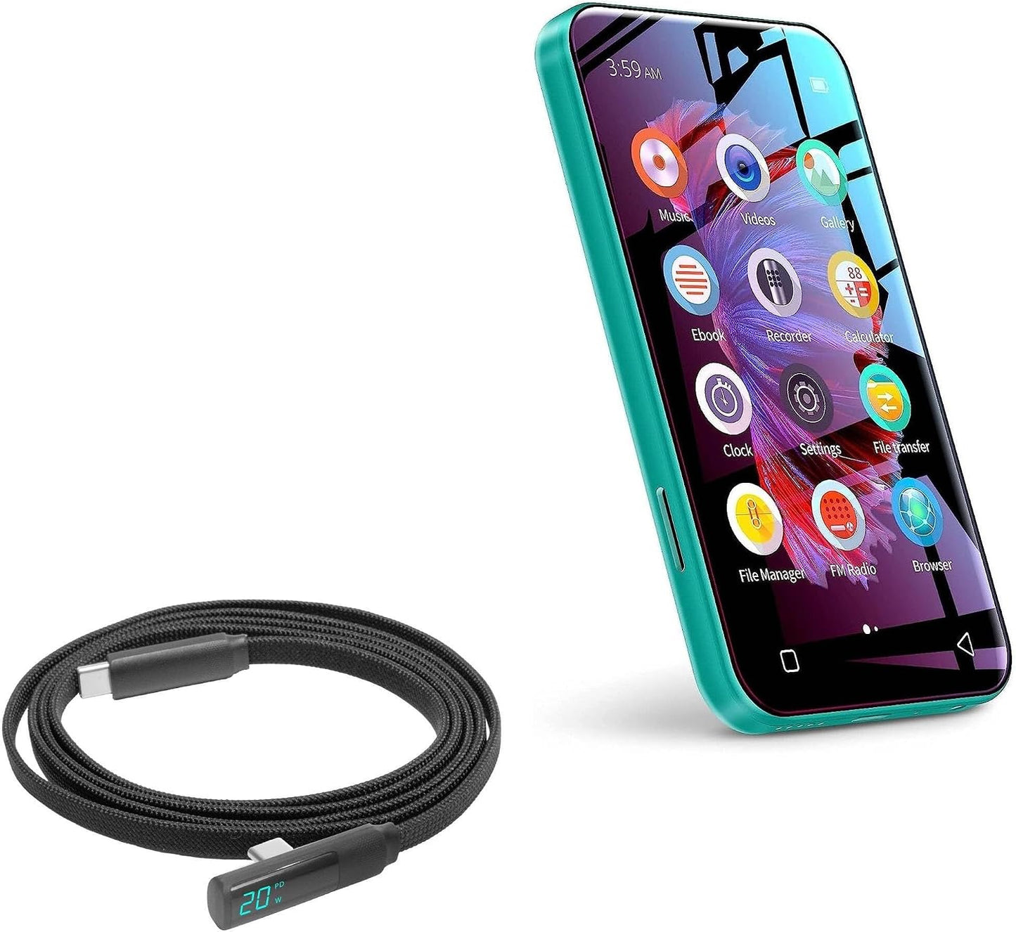 BoxWave TIMMKOO Q5 MP3 (4ft) (100W), Cable Compatible with WiFi Player - PowerDisplay PD Right Angle Cable - USB-C