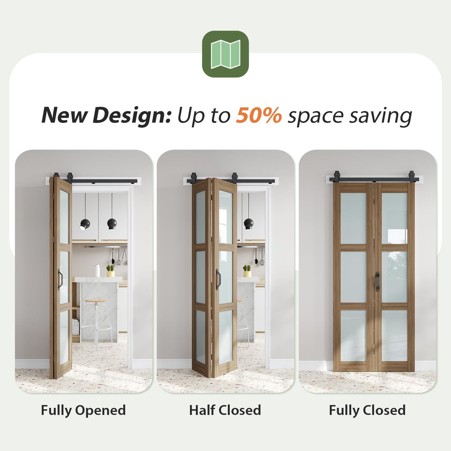 FREDBECK Bifold Barn Door 36X84(Double 18x84),3 Panels Glass with Hardware Kit Included, Modren,Water-Proof PVC Surface for Bathroom,Assembly Required