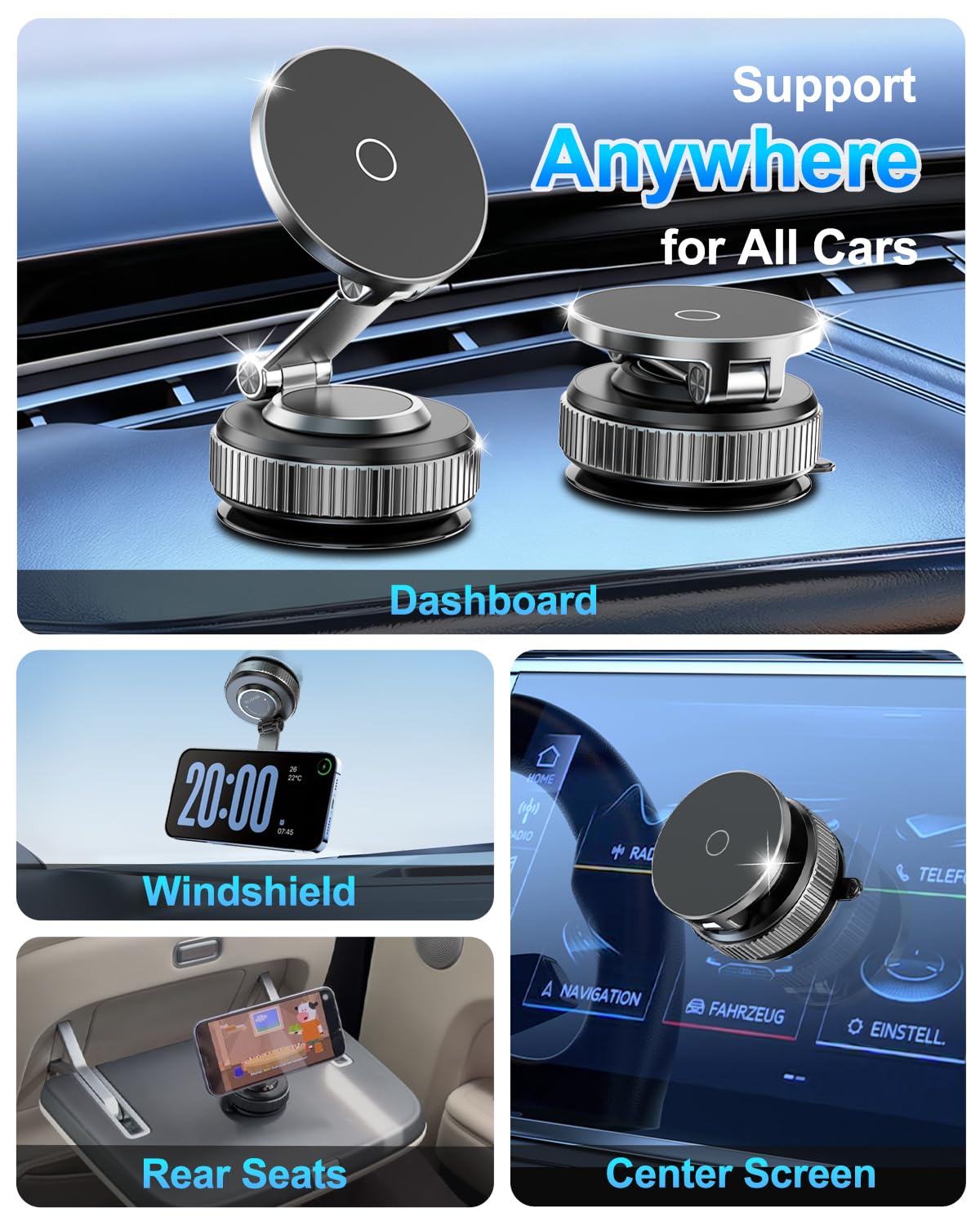 Vacuum Magnetic Car Phone Holder 360° Strongest 120LBS Ultra Suction Cup Phone Mount for MagSafe Dashboard Cell Phone Holders for Your Car/Gym/Mirror Bracket for iPhone 17 & Android, Metal Stand Rotor