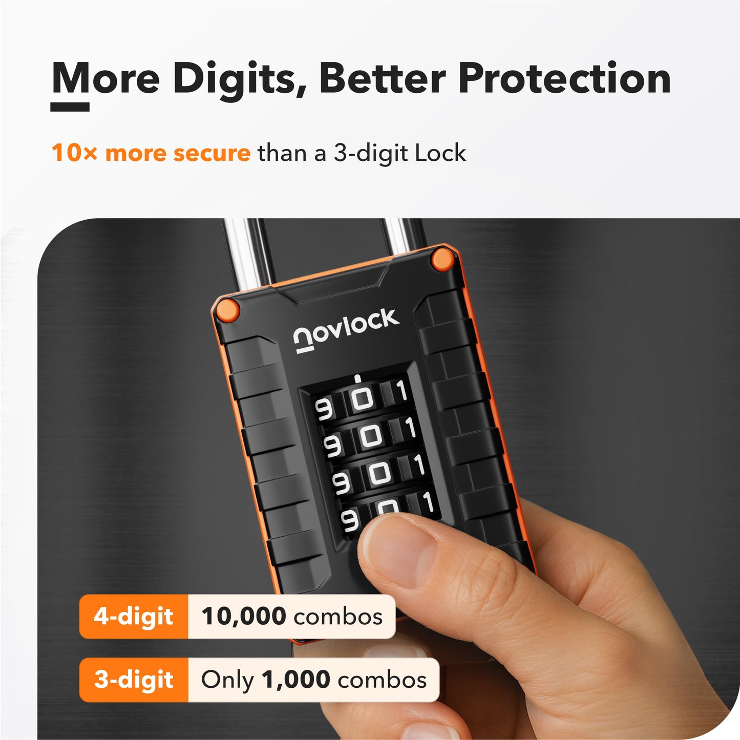 NOVLOCK Locker Lock for Gym, School, Home & Work | 4-Digit Combination Padlock | 1-Pack, Black/Orange