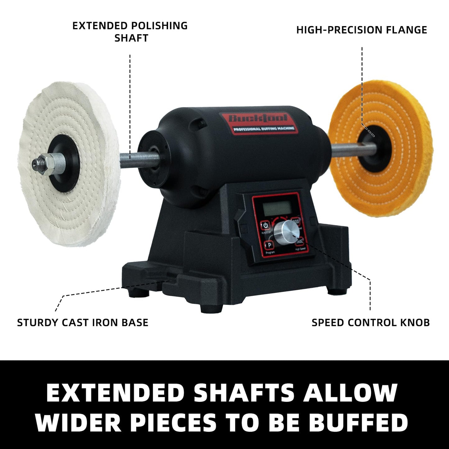 BUCKTOOL 1HP VFD Motor 8-Inch Variable Speed Bench Buffer Polisher, 900-3600 RPM One Button Speed Setting Powerful Benchtop Polisher, Extended Polishing Shaft for Jewelry, Metal Power Bench Grinders