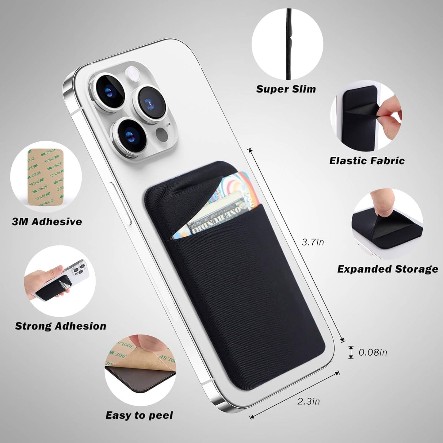 3Pack Galaxy-2Black+1Navy Cell Phone Card Holder Pocket for Back of Phone,Stretchy Stick on Wallet Credit Card ID Case