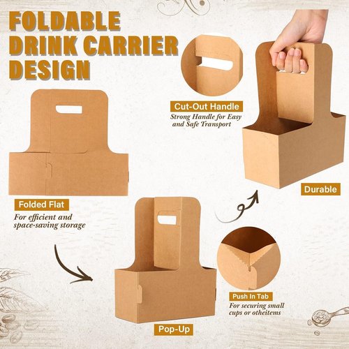 2 Cup Disposable Drink Carrier for Delivery with Handle, 10 Kraft Paperboard Cup Holder, Cup Carriers for Hot or Cold Drinks, to Go Coffee Cup Holder for Food Delivery Brown