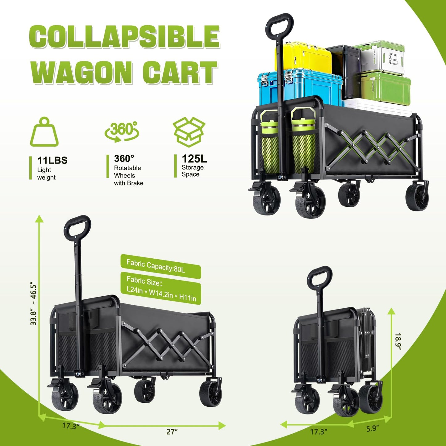 Collapsible Folding Wagon Cart with Wheel - 360LBS Heavy Duty Foldable Wagon Carts with All Terrain Wheels & breakes, Portable Lightweight Wagon Cart for Sports/Groceries/Camping/Fishing/Gardening