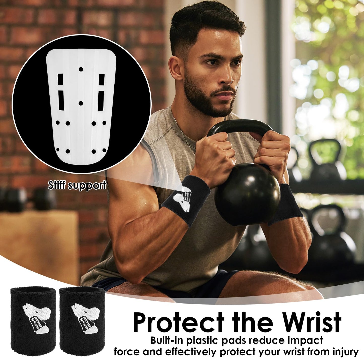 Kettlebell Wrist Guards with Built-in PP Hard Plate for Impact Protection, Moisture-Wicking Cotton Sweatbands for Heavy Lifting & HIIT, Zero Setup Large Fit for Thicker Wrists & Users Over 220 lbs