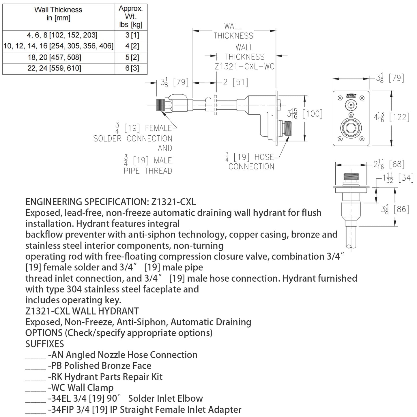 Z1321-CXL-6 Z1321-CXL Exposed Wall Hydrant Lead-Free 6'', 3/4“MPT, Auto Draining, Non-Freeze, Anti-Siphon, for Commercial Applications, Office Buildings, Malls, Schools