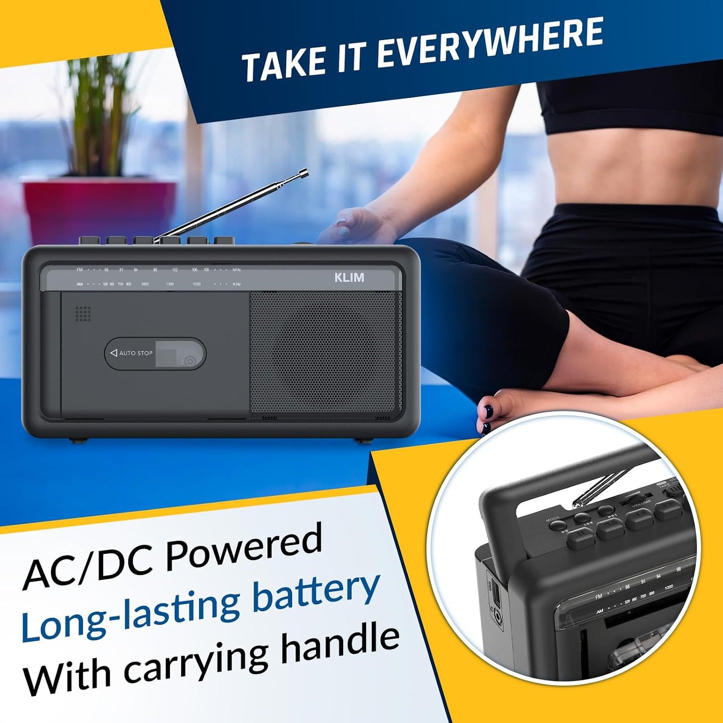 KLIM Cassette Portable Player & Tape Recorder Boombox with AM/FM Radio, USB, Bluetooth, Speaker, and Earphone Jack