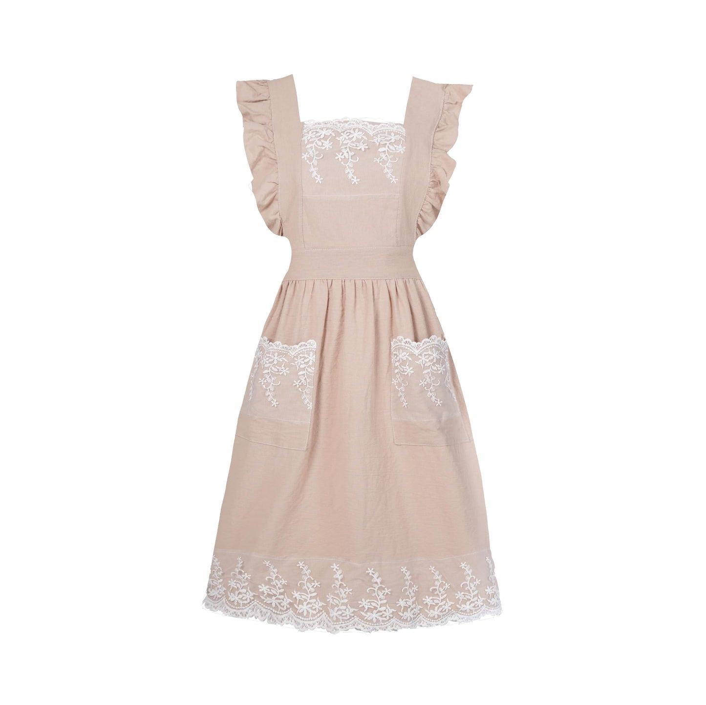 Aoomzoon Vintage Aprons for Woman with Pockets Cute Lace Ruffle Adjustable Apron for Cooking Kitchen Baking Gardening (Beige)