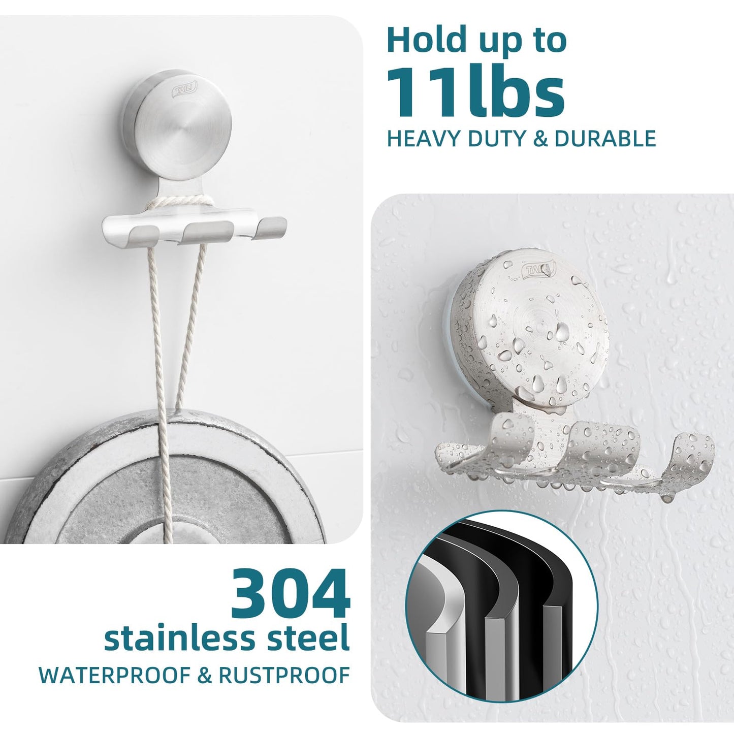 TAILI 2 Pack Powerful Suction Cup Razor Holder, 304 Stainless Steel Bathroom Suction Hooks for Towel, Loofah, Bathrobe, Stylish Shaver Holder for Shower Wall, Easy to Install and Reuse, Silver