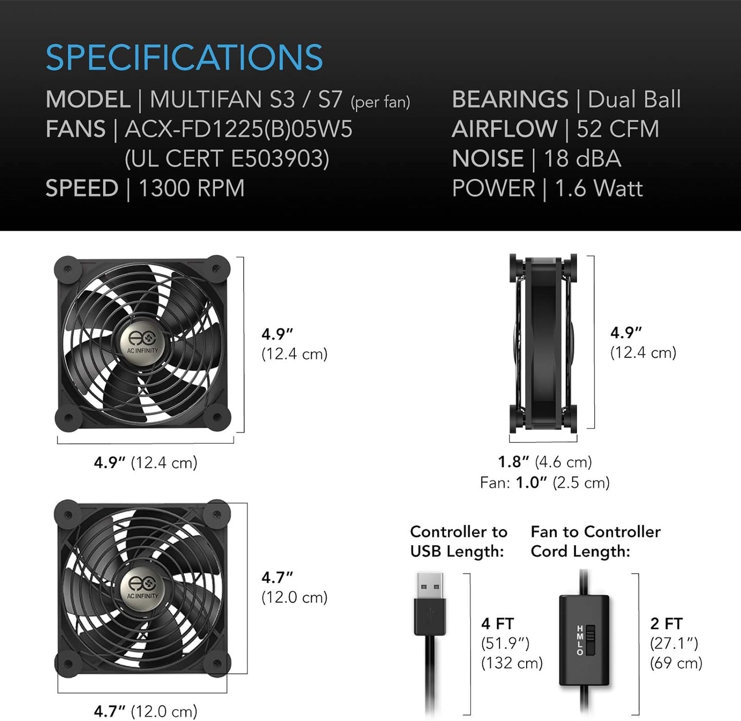S7, 120mm AC Infinity MULTIFAN Quiet Dual USB Fan, UL-Certified for Receiver DVR PlayStation Xbox Computer Cabinet