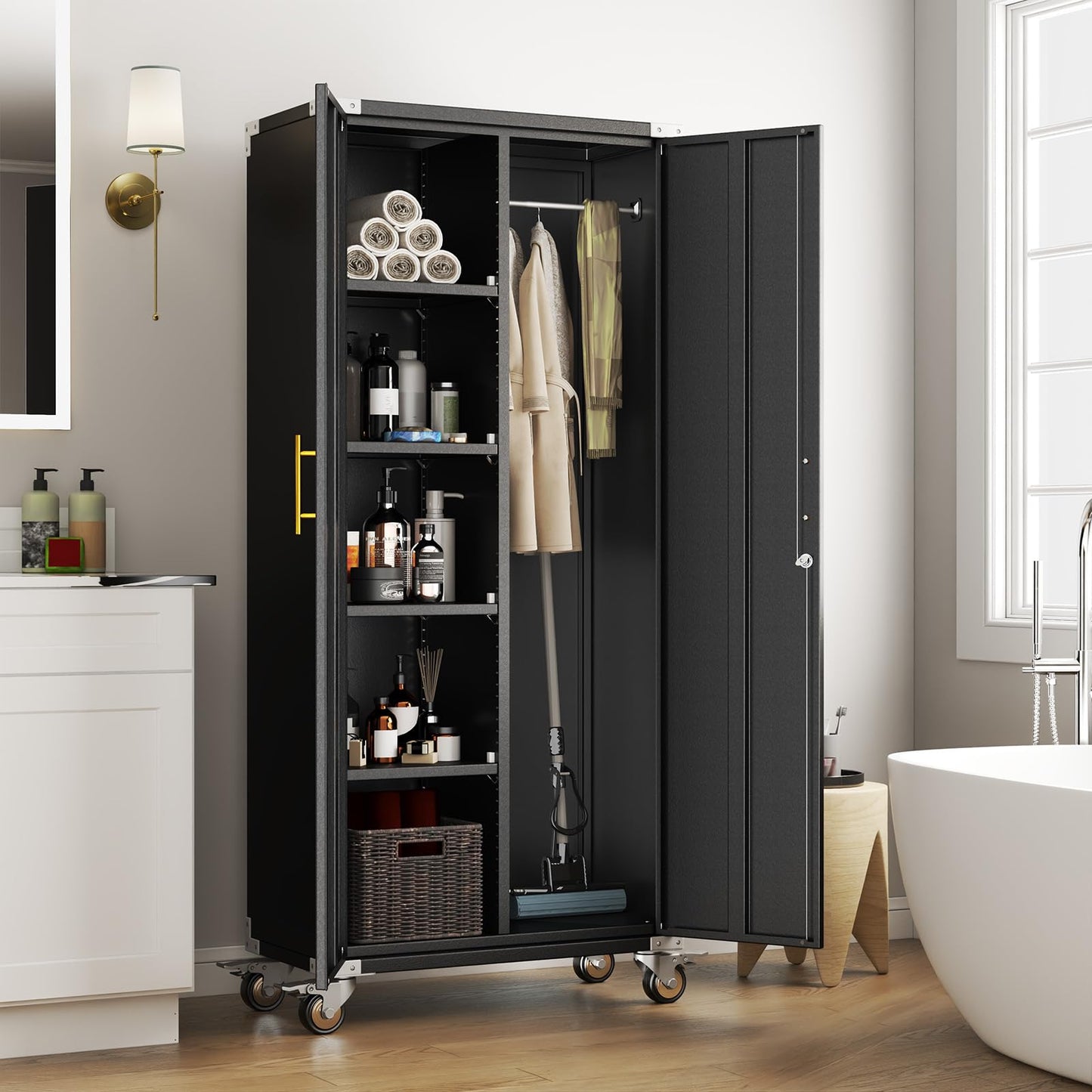 erosoei 71" Broom Storage Cabinet, Cleaning Tool Storage Cabinet, Garage Utility Storage with Hooks and Hanging Rods, Heavy Duty Garden Tool Organizer, for Home, Garage, Laundry Room, Gym, Workshop.