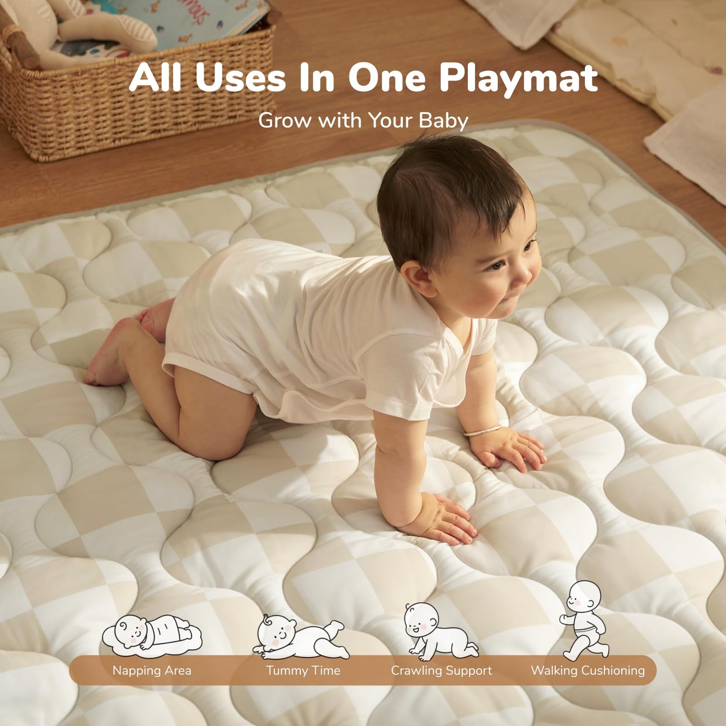 Momcozy Baby Play Mat for Floor, 50"x50" Thickened Playpen Mat, Playmate for Baby Tummy Time, Waterproof & Non-Slip, Foldable Outdoor Mat with Carrying Handle, Khaki Plaid