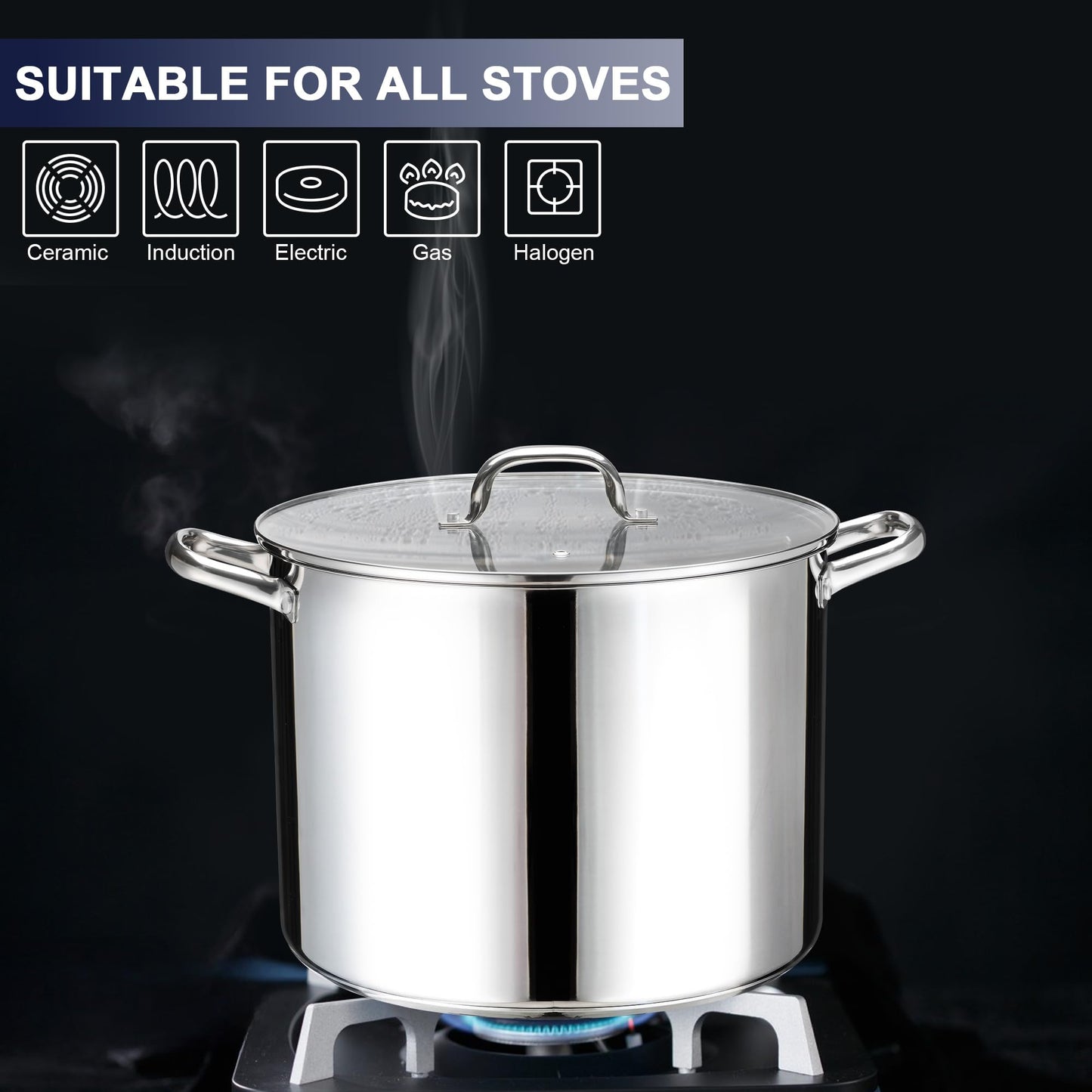 Stainless Steel Large Stock Pot, LIANYU 16 QT Heavy Duty Stockpot with Glass Lid, Deep Classic Soup Pot for Cooking Stewing Simmering, Thick Tri-ply Base & Stay-Cool Handle, Dishwasher Safe Cookware