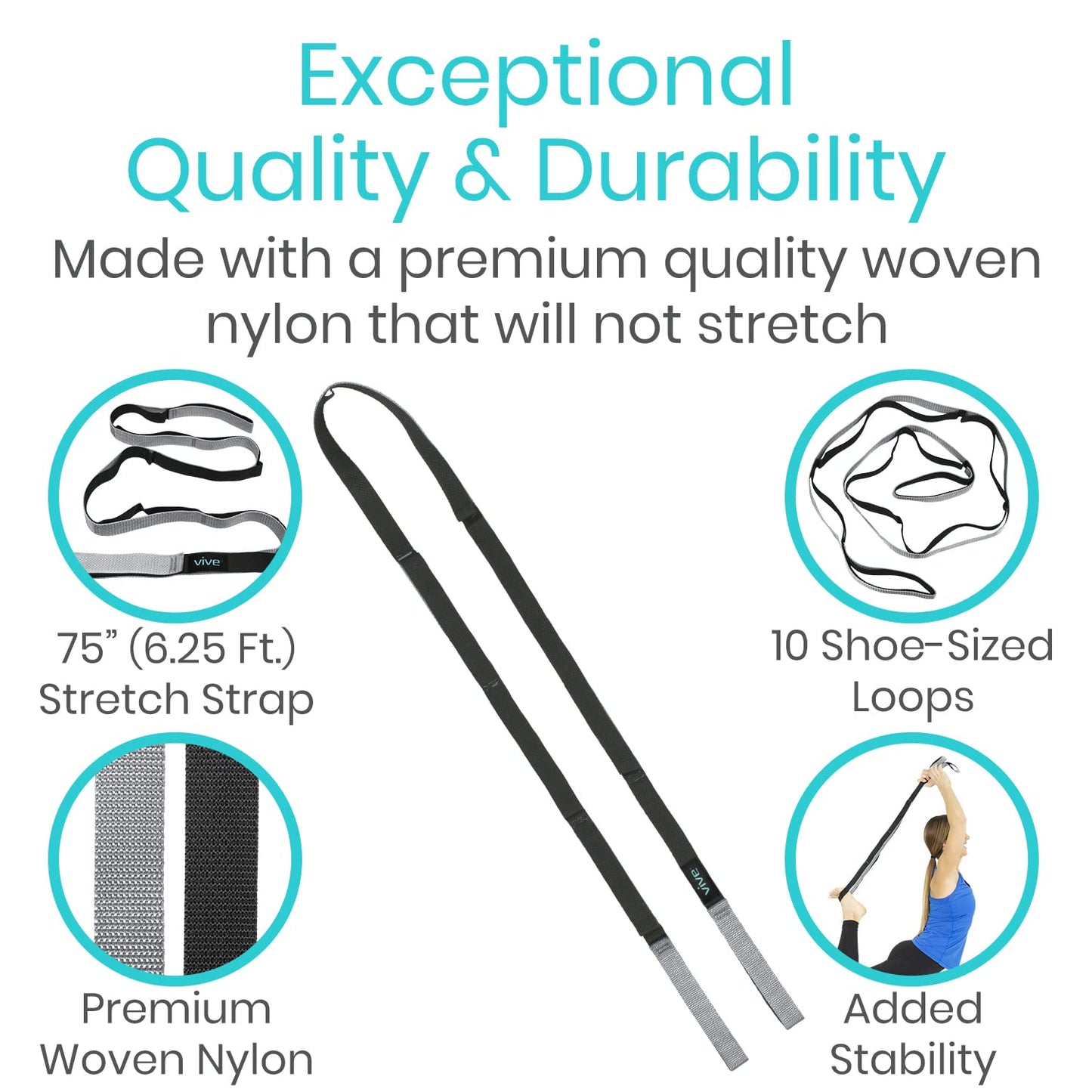 Vive Stretch Strap (75" - 10 Loops) - Leg Stretch Band to Improve Flexibility - Stretching Out Yoga Strap - Exercise and Physical Therapy Belt for Rehab, Pilates and Gymnastics with Guide Book