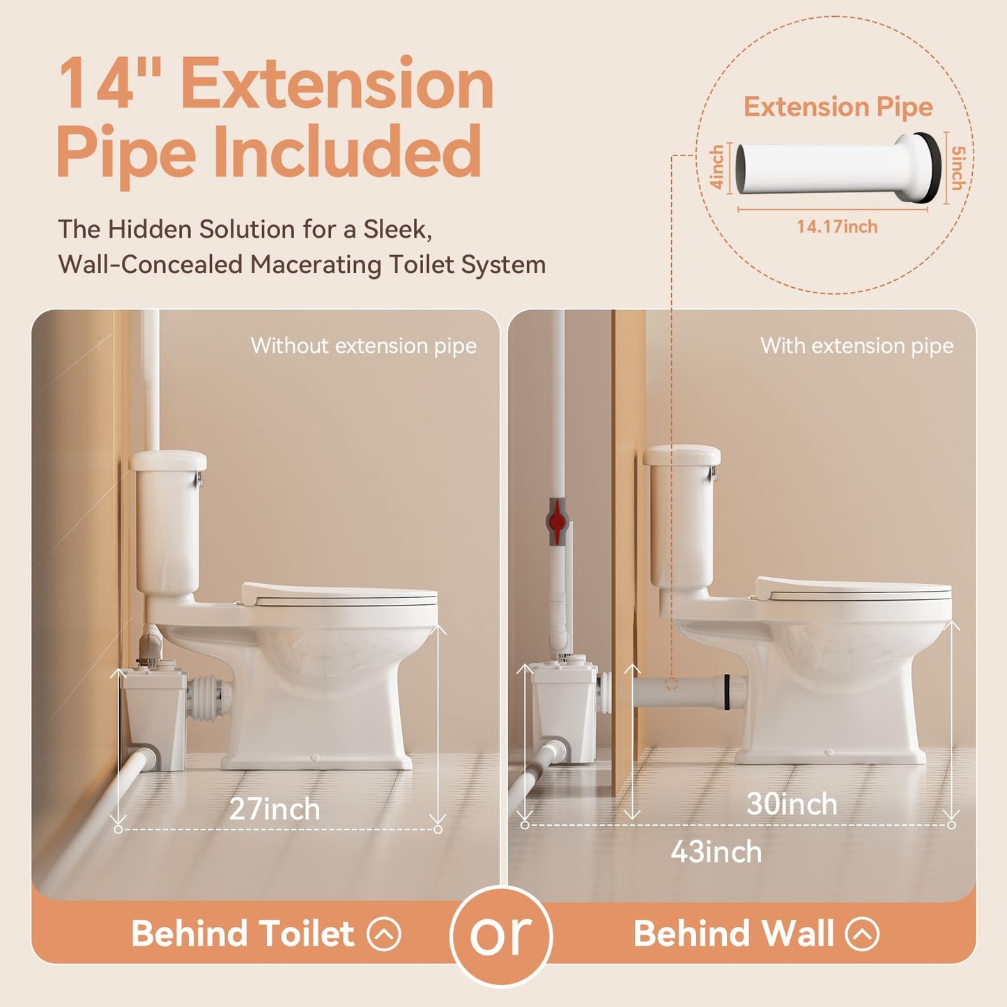 Macerating Toilet System, Two-piece Vintage Upflush Toilet with 4 Inlets Grinder Pump for Household Sewage Wastewater Disposal, Copper Motor, Quiet Operation, Extension Pipe Included, Less Consumption