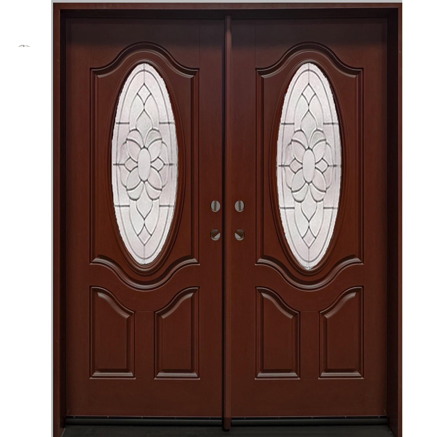 BGW Doors Mahogany Finish Fiberglass Double Front Entry Door with Oval Glass, Prehung Pre-Finished Exterior Door, Left Inswing, 30x30x80