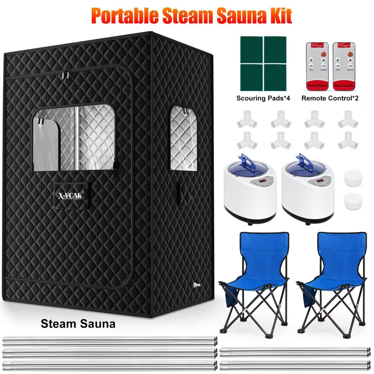 X-Vcak 2 Person Sauna, Extra Large Sauna, Portable Steam Sauna Tent with 2 Steamers, 2 Folding Chair, 71”x 49”x 36”, Black