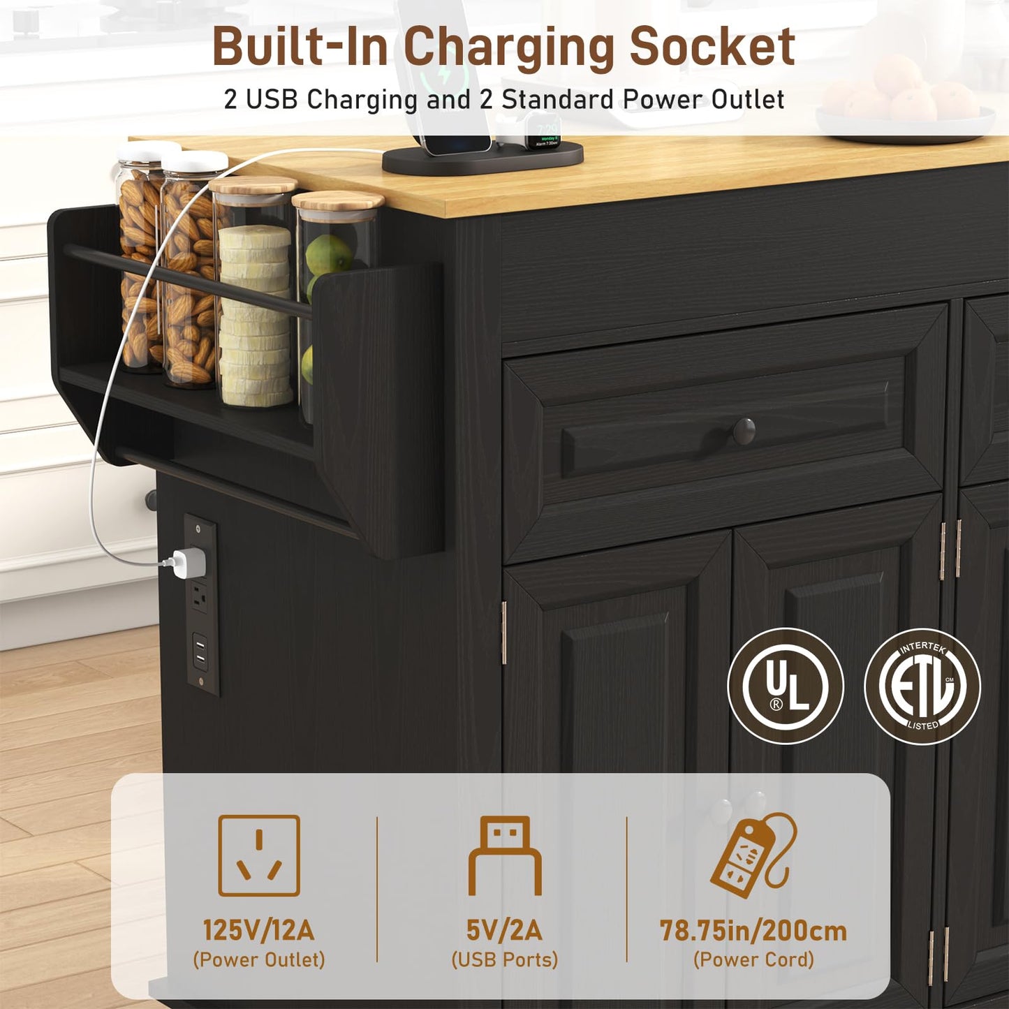 80"-48" Extendable Kitchen Island with Extended Dining Table and Power Outlet,Large Mobile Kitchen Storage Islands with 2 Storage Drawers,Rolling Islands Cart with 3 Extra Rows Open Shelves(Black)