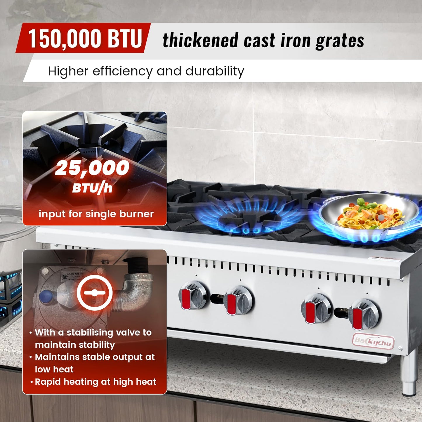Backychu Commercial Gas Stove 6-Burner - 150,000 BTU Countertop Cooking Stove Range, Heavy-Duty Hot Plate, Stainless Steel Cooking Equipment for Restaurant, kitchens, Propane/Natural Gas