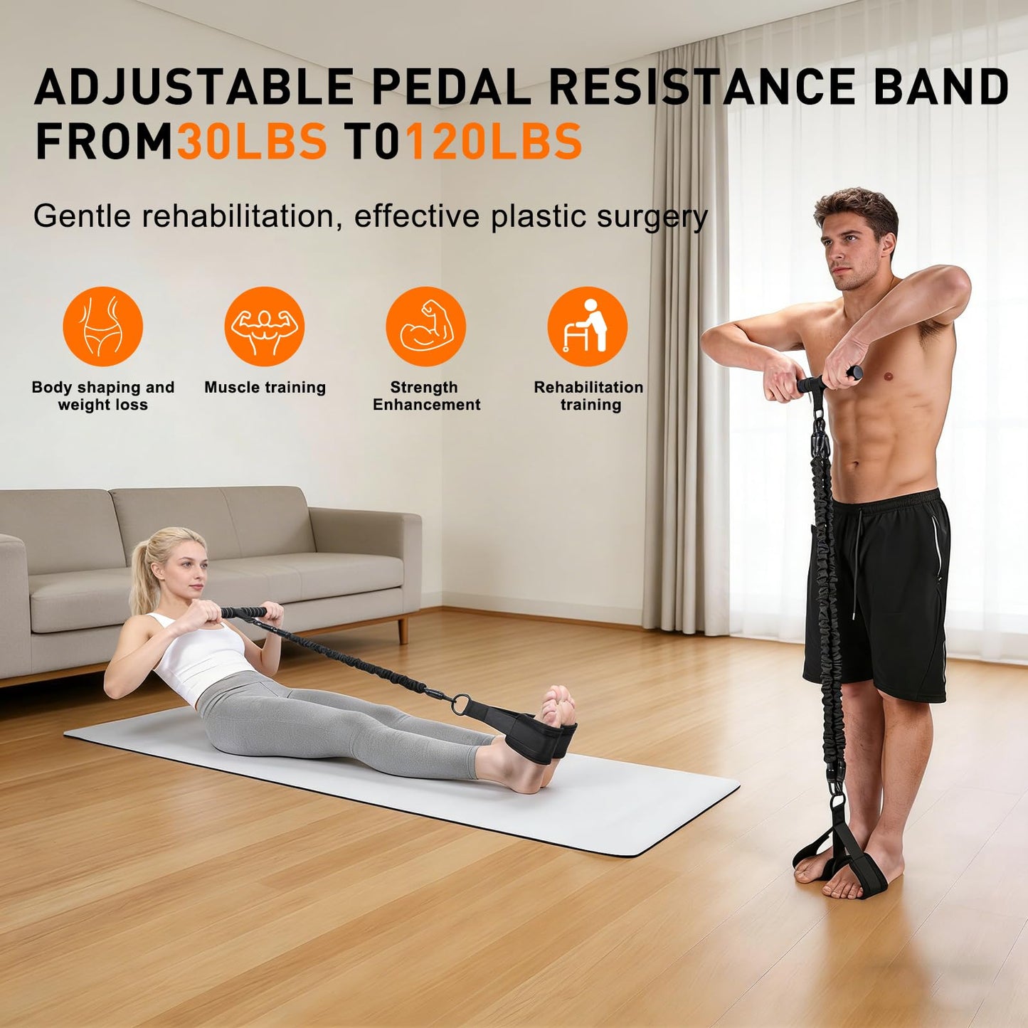 Upgraded Multifunction Pedal Resistance Band with Handle, 4 Tube Adjustable Tube Foot Pedal Device Puller Exercise Bands, for Abs Arm Leg Waist Workout, Sit Up Fitness Equipment for Full Body Training