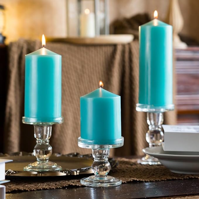 MOZEAL 3" x 4" Hand-Poured Unscented Turquoise Pillar Candles,Dripless Candles Set of 3,Smokeless,Clean Burning,Approx 60 Hours Burn Time,Wedding,Dinner and Home Decorï¼? Inch Width Seriesï¼?Teal