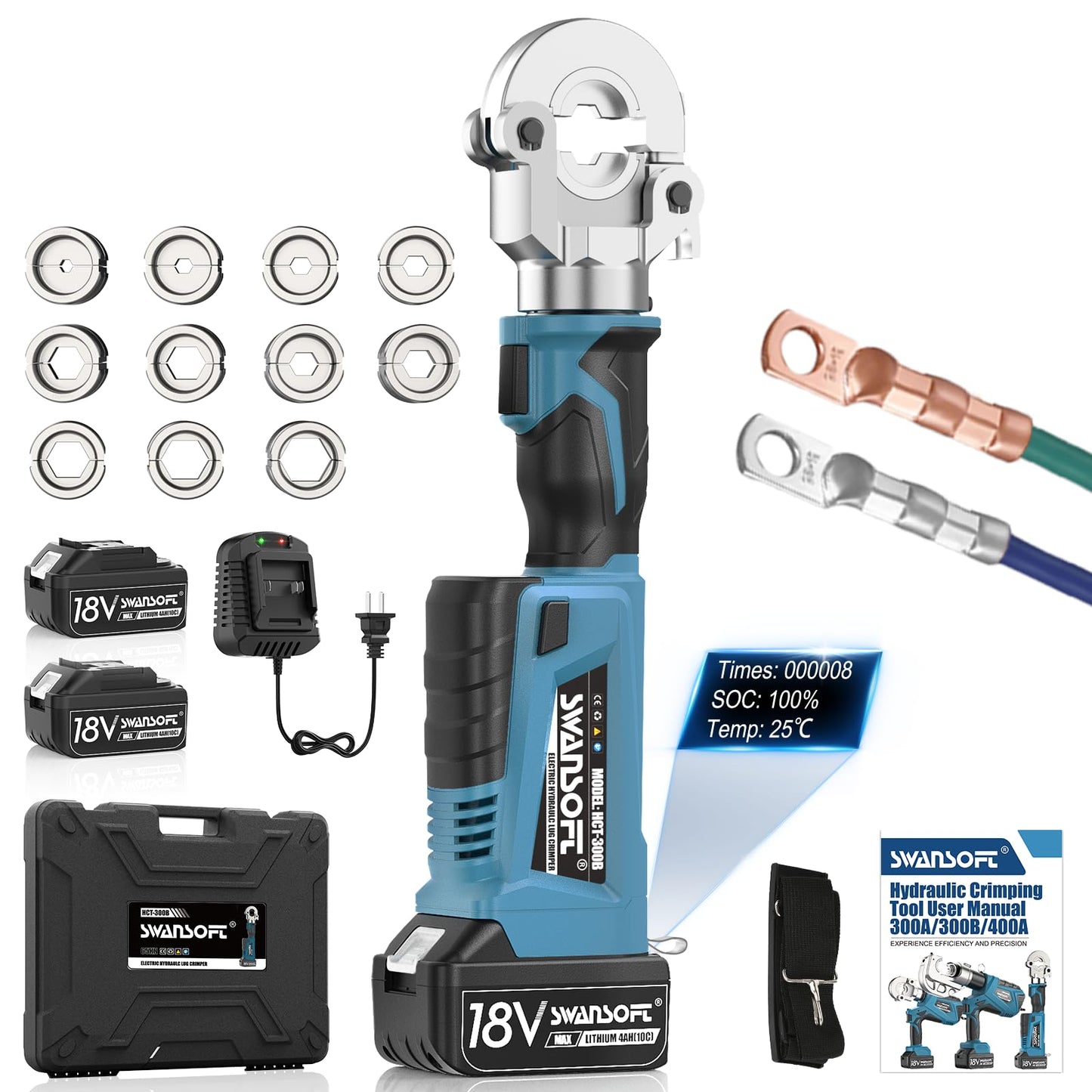 SWANSOFT Electric Hydraulic Crimping Tool, 6Ton 6AWG-600MCM Continuously Crimp Hydraulic Wire crimper for Cu/Al Terminal, Crimp 30000 Times Wire Cable Lug Crimping Tool Kit with 11 Dies (300B)