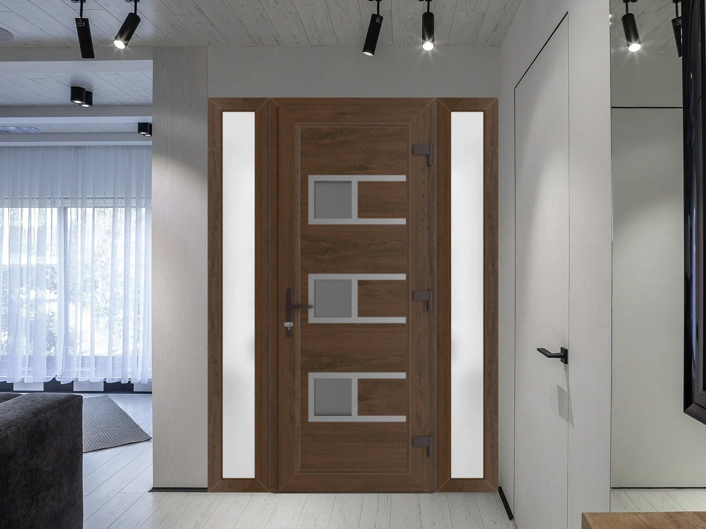 VDOMDOORS Front Exterior Prehung Metal-Plastic Door Frosted Glass | Manux 8933 Walnut | 2 Side Sidelite Transoms | Residential Doors Entrance Patio Garage 56 x 80 (W12+32+12 x H80) Left-Inswing