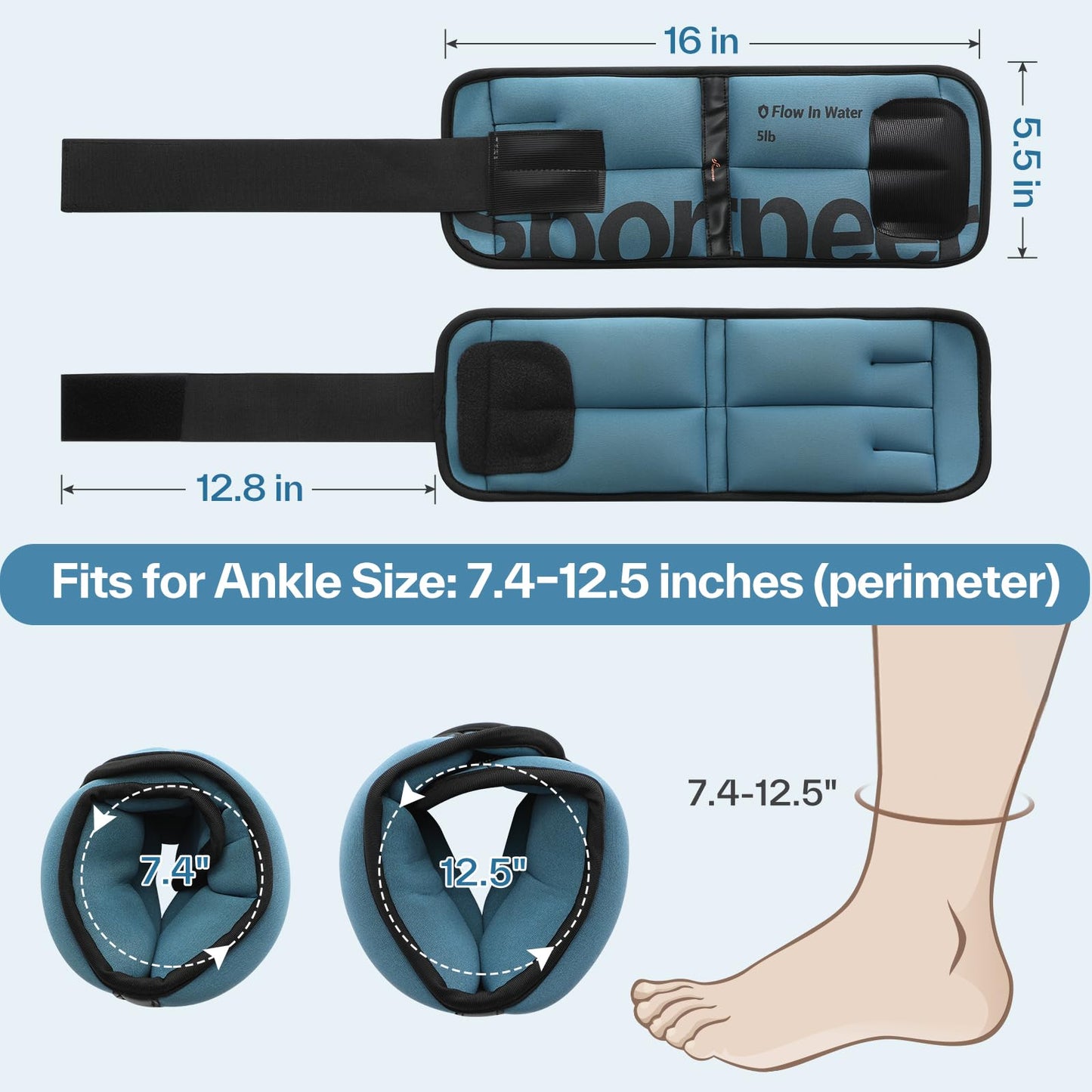 Sportneer Ankle Weights for Men Women Strength Training, 4/10 lbs Pair Leg Weights Set Comfortable and Soft Perfect for Dancing Running Walking Fitness Workout, 5lbs x 2, Blue
