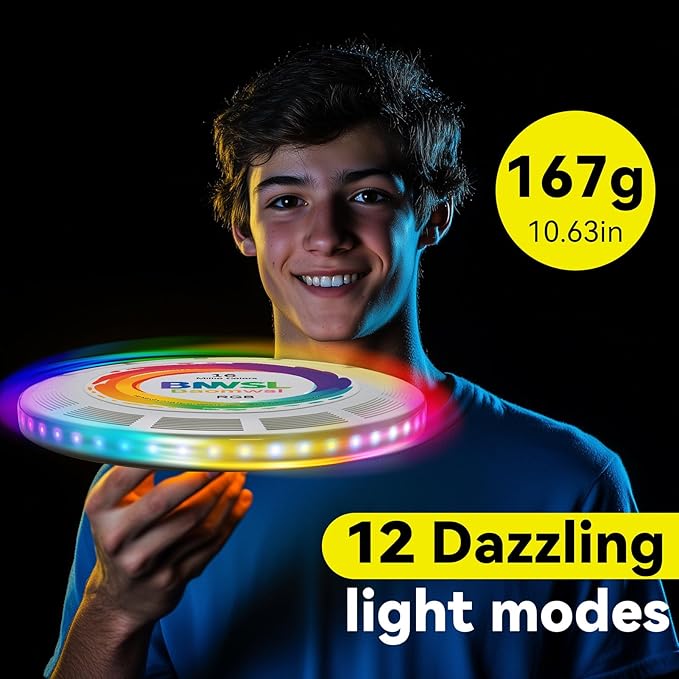 Light-Up Flying Disc - 16 Million Colors RGB or 50 LEDs, Ultra Bright, 12 Light Modes, Rechargeable, IP65 Waterproof, Durable, Camping Essentials for Teens/Kids/Adults/Boys/Girls