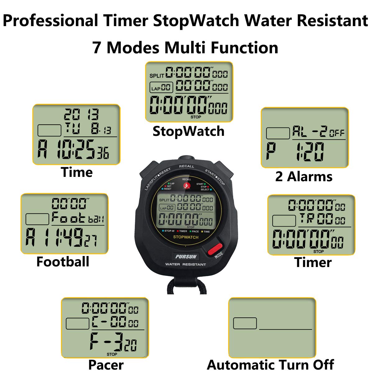 Sport Stopwatch Timer with 100X2laps Split Memory/0.001second Timing,Professional Recall Stop Watch Large Display Alarm Clock Multifunctional for Coach Referee Swimming Running Marathon Competition