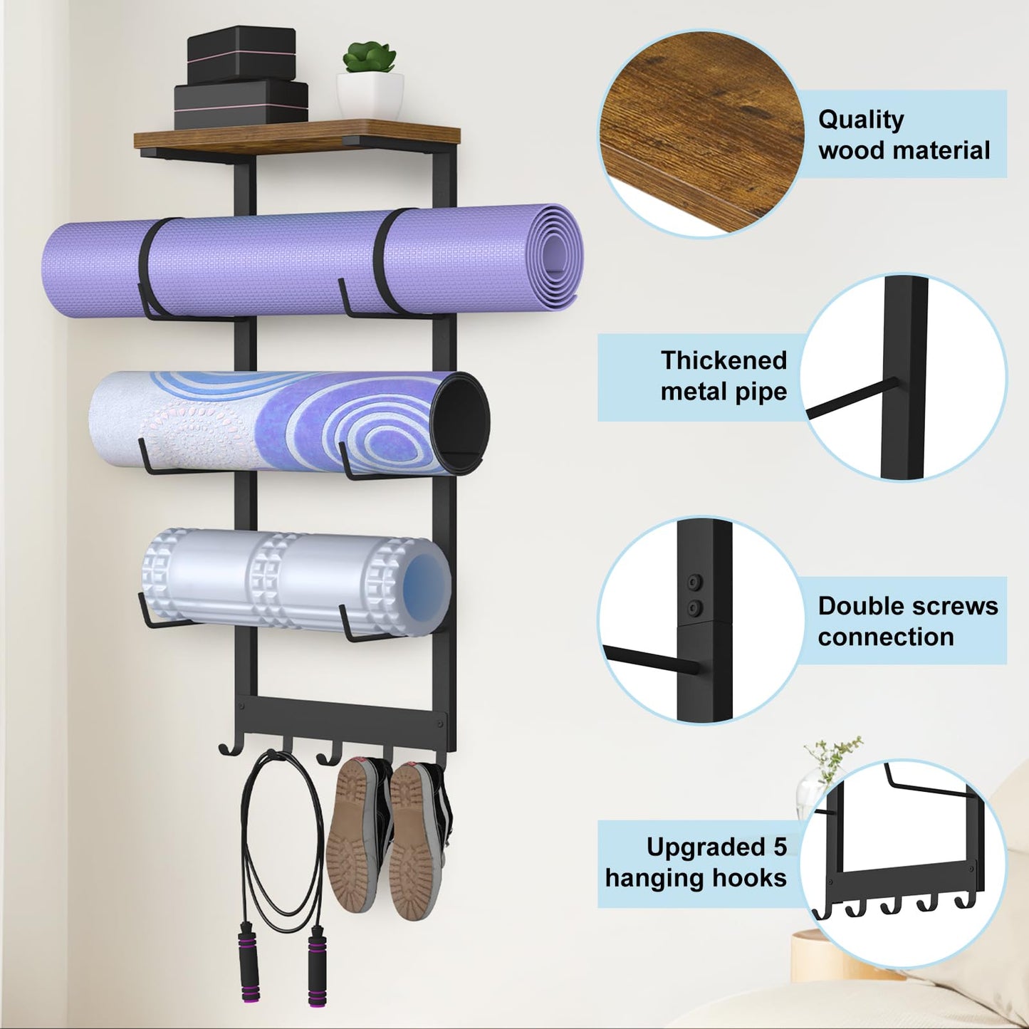 BSTSLL Yoga Mat Holder Wall Mount, Yoga Mats Storage Rack, Home Gym Wall Organizer Holder with Wood Floating Shelf and 5 Hooks, Storage Rack for Hanging Foam Roller/Band/Workout Equipment