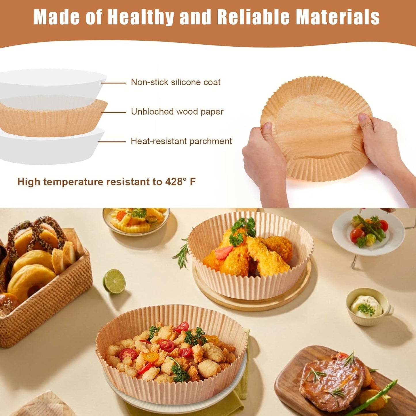 Skiennix Disposable Air Fryer Liners - 100PCS Non-Stick Parchment Paper, 6.3 Inch for 2-5QT Air Fryers