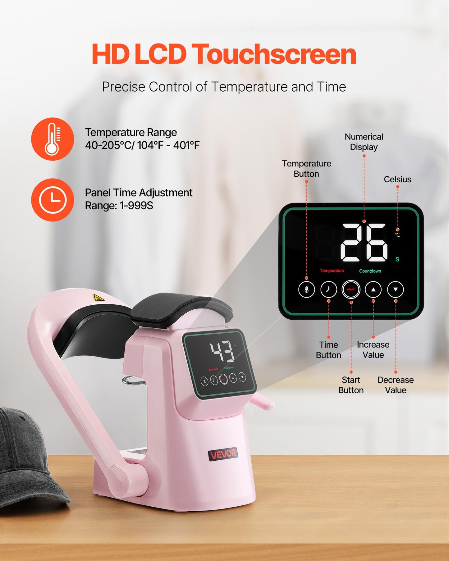 VEVOR Auto Hat Heat Press Machine, with 2pcs Interchangeable Platens, Automatic Open and Release, Touchscreen for Precise Time and Temperature Control, Heat Transfer Printing for Caps, Hats, Pink