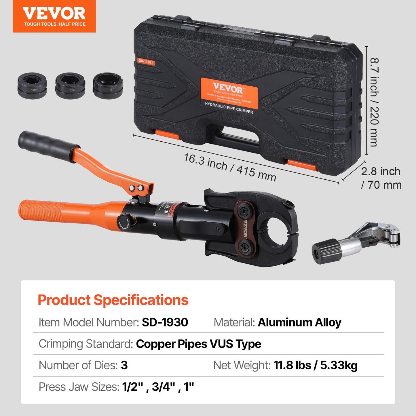 VEVOR Copper Pipe Crimping Tool, Hydraulic Driven Press Tool with 1/2", 3/4", 1" VUS Jaws, Copper Tube Fittings Pipe Crimpers for Narrow Spaces and Tee Fittings