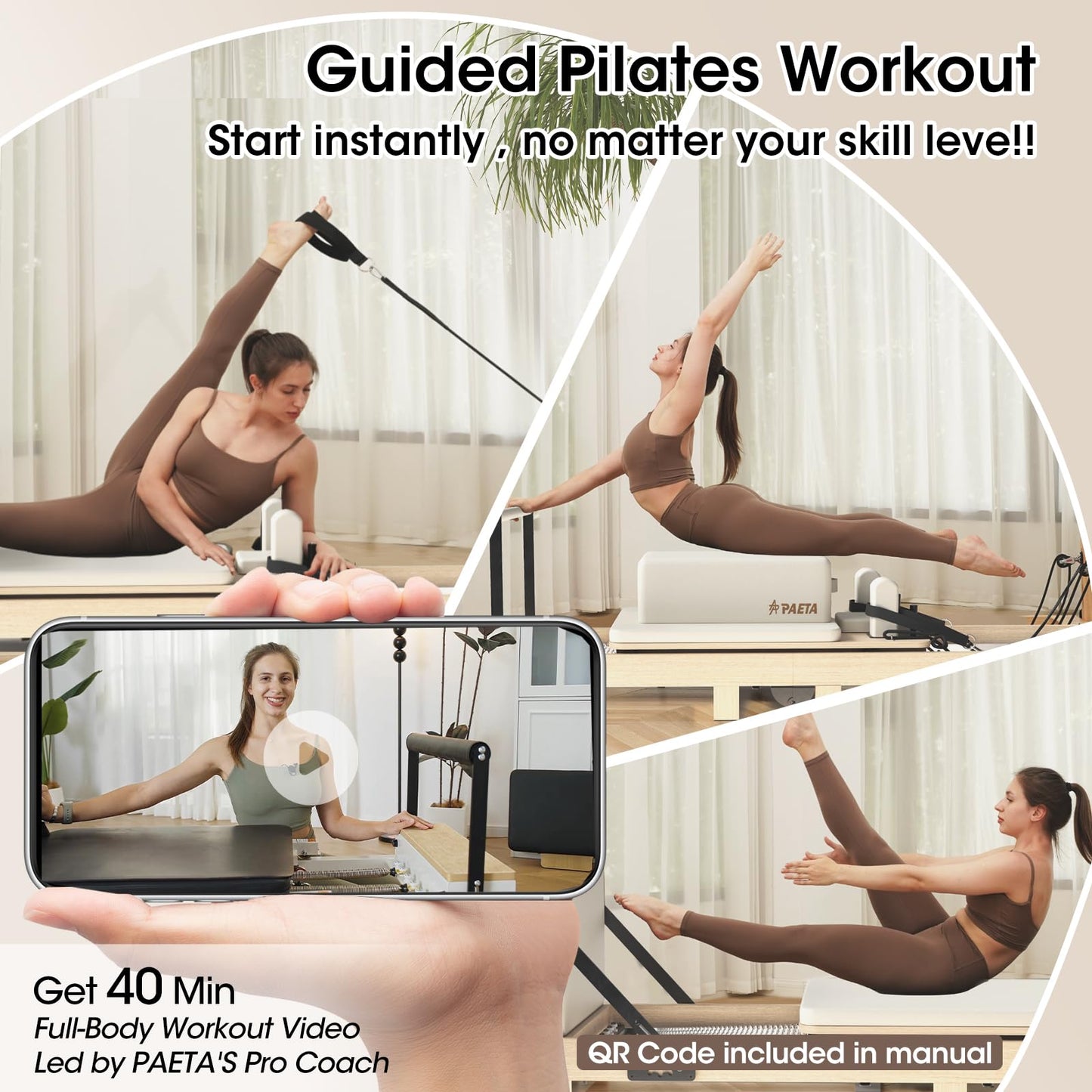 Pilates Reformer, PAETA 92" Wooden Foldable Pilates Reformer Machine with Springs, Pilates Machines for Home Use and Studio, Pilates Equipment with Sitting Box, Jump Board and Accessories(White)