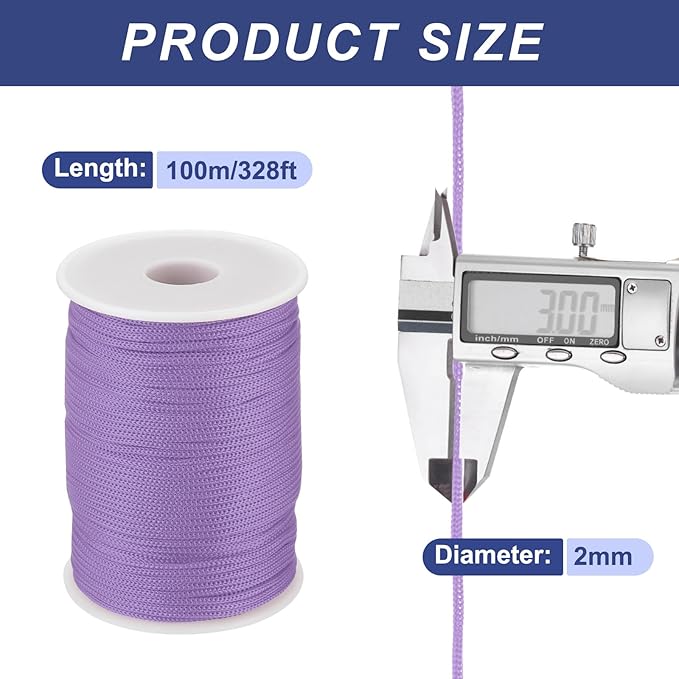 MECCANIXITY 1/12 Inch Polypropylene Rope Braided Ropes, 328ft Nylon Rope Hollow Utility Cord for Clothesline, Camping, Hiking, Outdoor, Light Purple