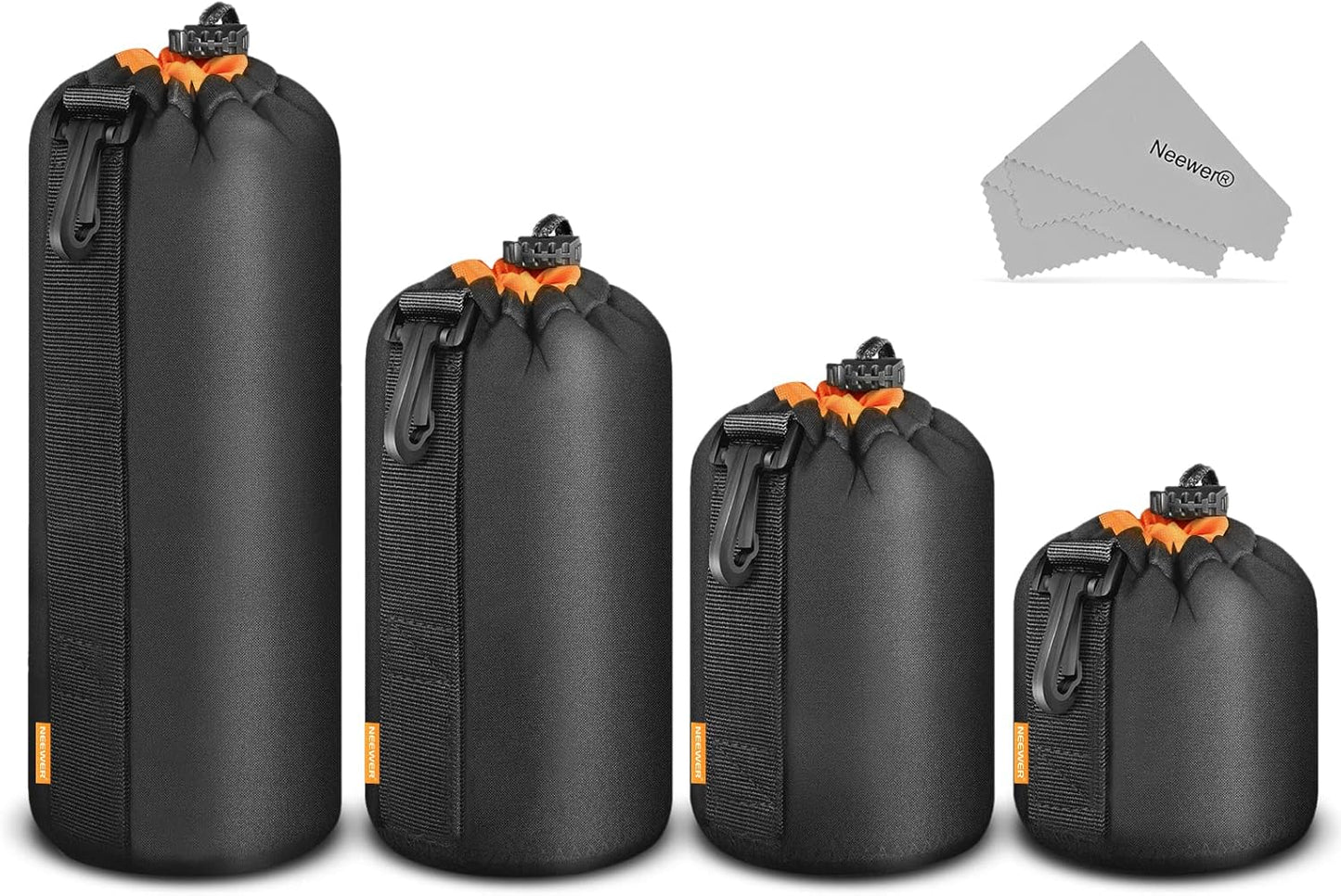 (4 Packs, 4 NEEWER Camera Lens Pouch Sizes) Thick Protective Bag with Drawstring Design, Orange Interior, Soft Plush
