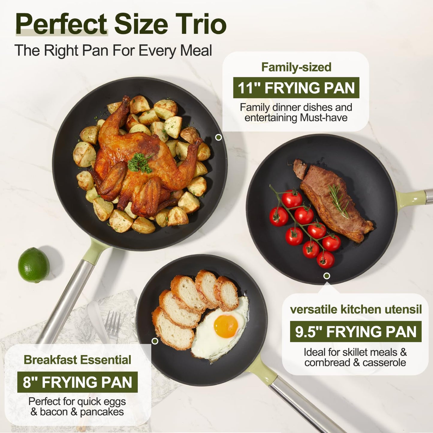 KOKHUB Non Toxic Frying Pan Set 3 Piece, 8" 9.5" 11" Non Stick Titanium Enamel Cast Iron Skillets, PFOA/PFAS Free Cooking Pans, Dishwasher & Oven Safe, All Cooktops Compatible, Sage Green