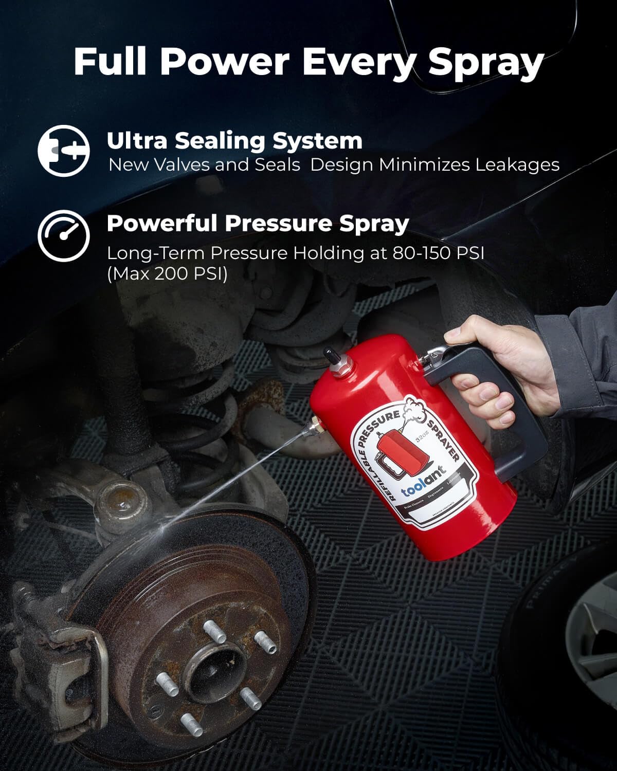 toolant 32 oz Refillable Pressurized Sprayer, Steel Canister, Rust-Resistant Lining, Needle Valve Leak-Resistant, 1.0/0.6 mm Nozzles, Funnel Included, 200 PSI Max, for Brake Cleaner & Solvents, 2 pcs