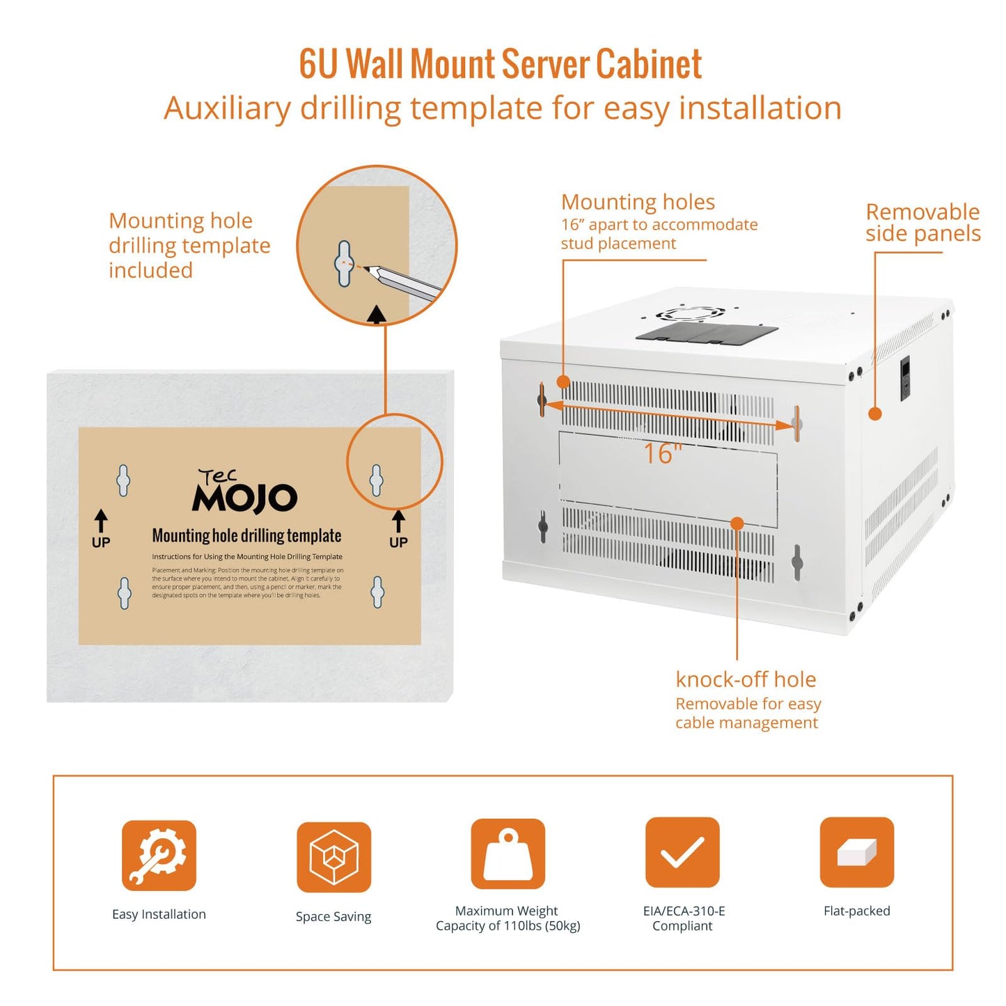 Tecmojo 6U Wall Mount Rack Network Cabinet for 19" IT Equipment,with Lockable Glass Door and Side Panels,Cooling Fan,17.7inch Depth,White